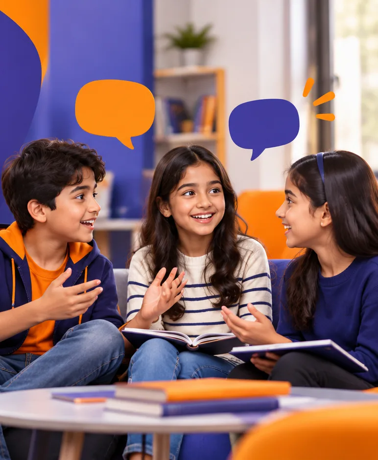 Three children in conversation, expressing their ideas confidently